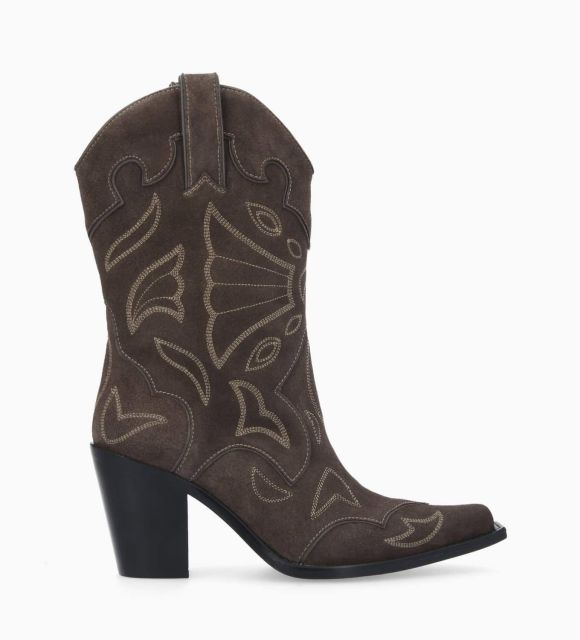 Western Boot brodert i hælen - Andrea 80 - Velvet Leather - Pebble